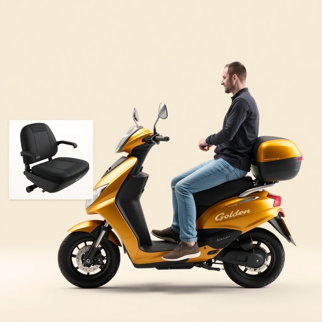 A photorealistic side-angle view of a rider sitting comfortably on a Golden Buzzaround EX