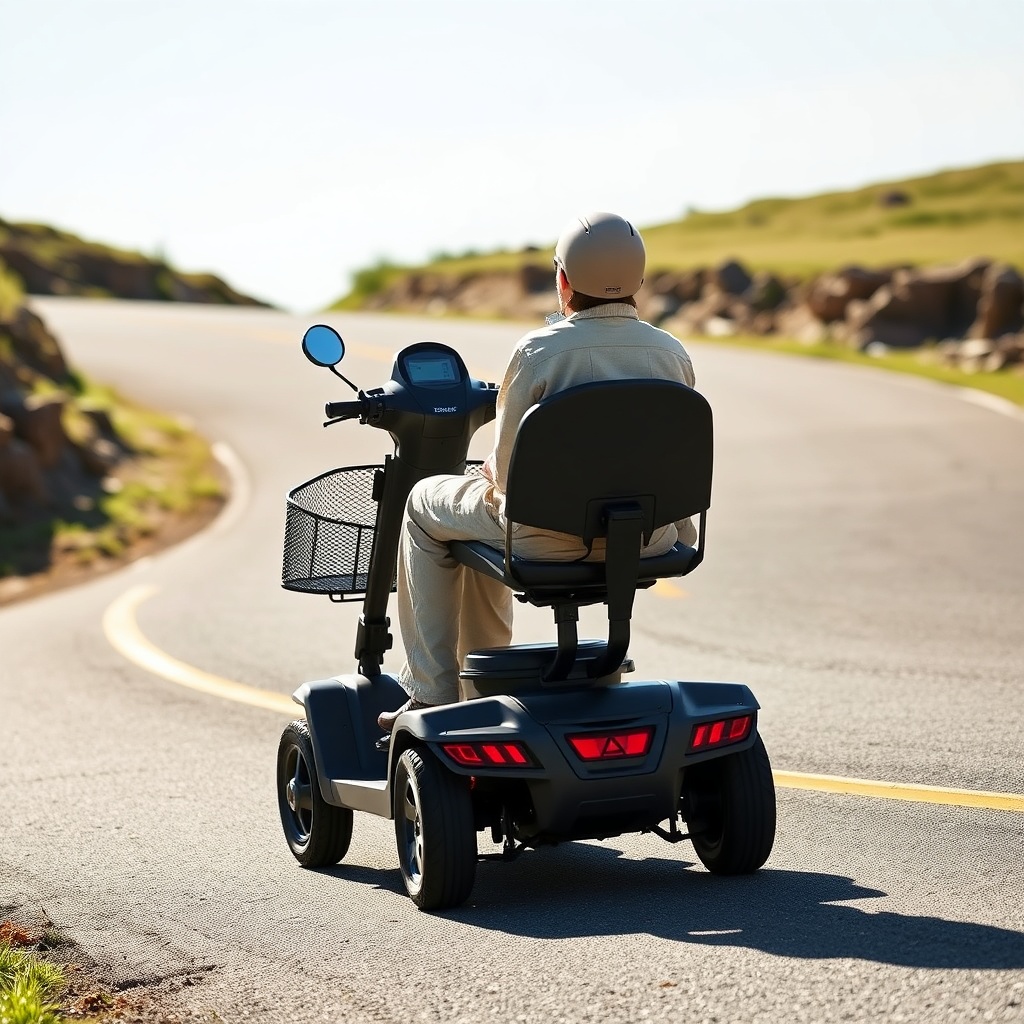 <A photorealistic photo of a Drive Medical Scout Compact Travel Scooter climbing a gentle