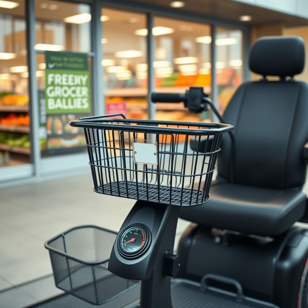<A photorealistic photo of a Drive Scout Compact Travel Scooter parked outside a grocery s