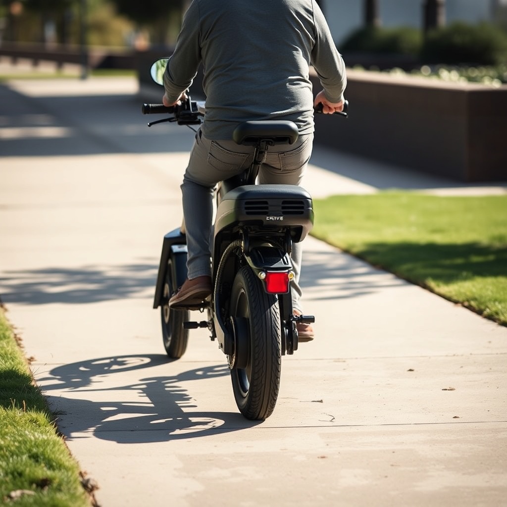 A photorealistic side-view photo of a Drive Scout Compact traveling on a smooth sidewalk