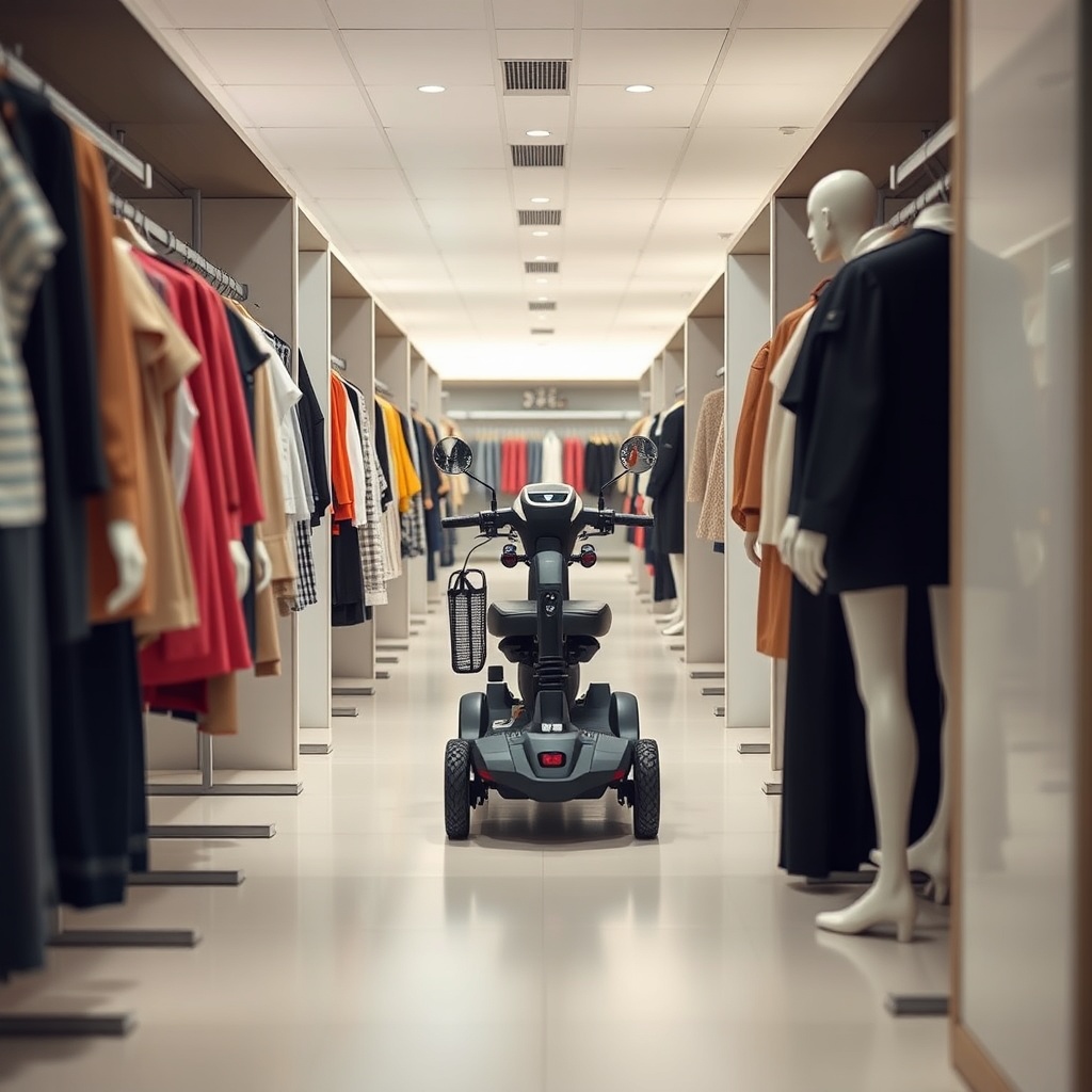 A Drive Medical Scout Compact scooter navigating a narrow shop aisle between two clothing