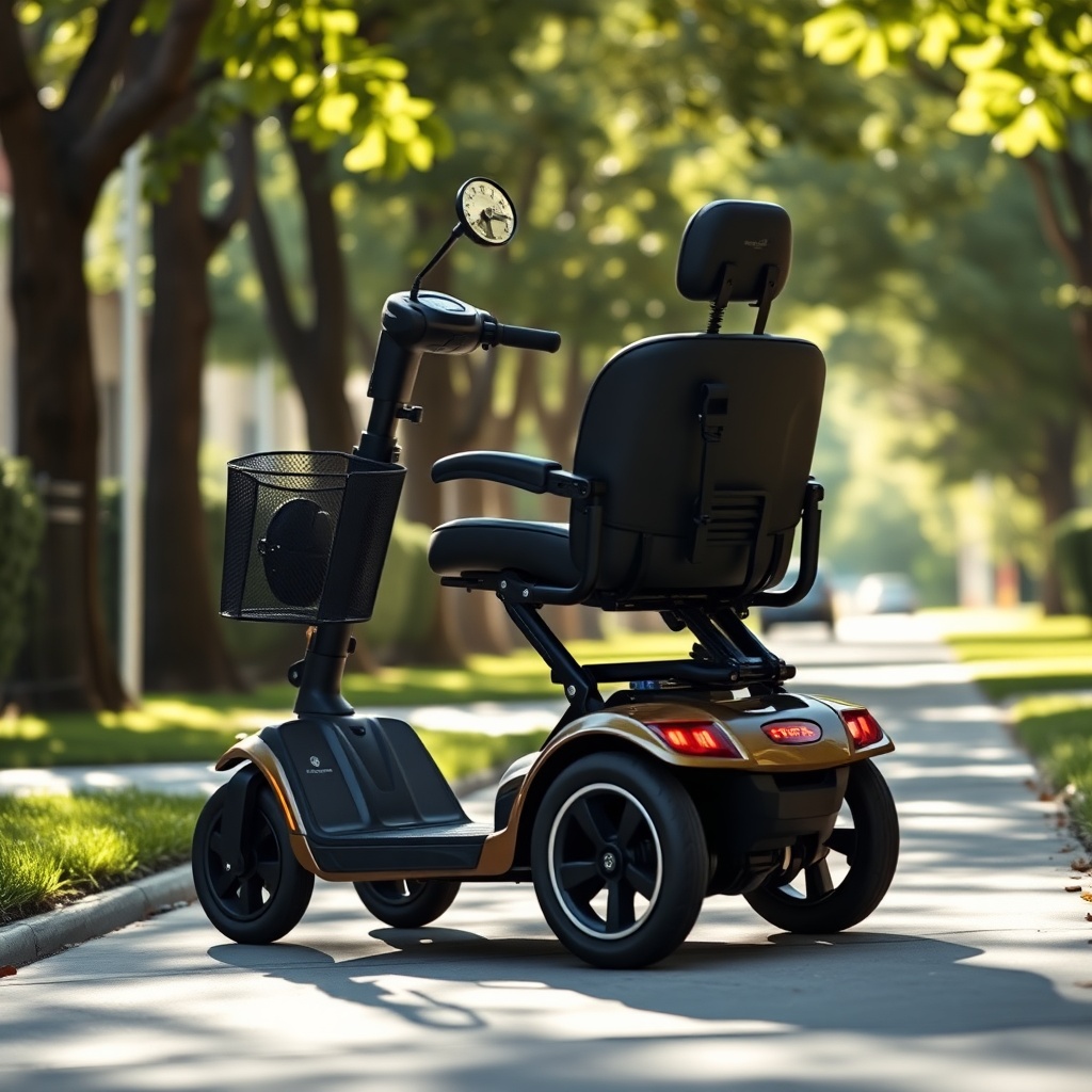 A photorealistic photo of a Pride Mobility Go-Go Elite Traveller Plus moving along a flat