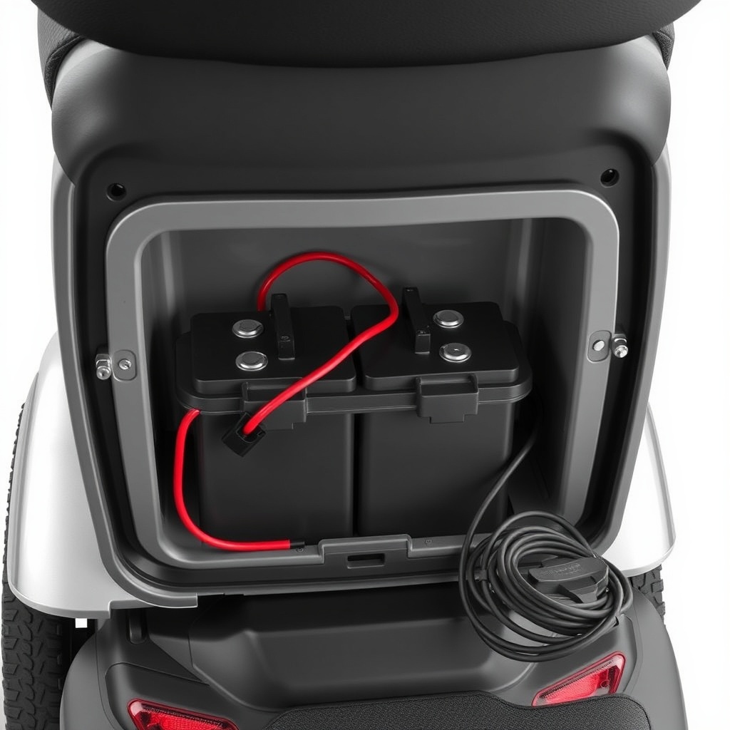A photorealistic illustration of a Pride Mobility Go-Go Elite Traveller Plus's battery com