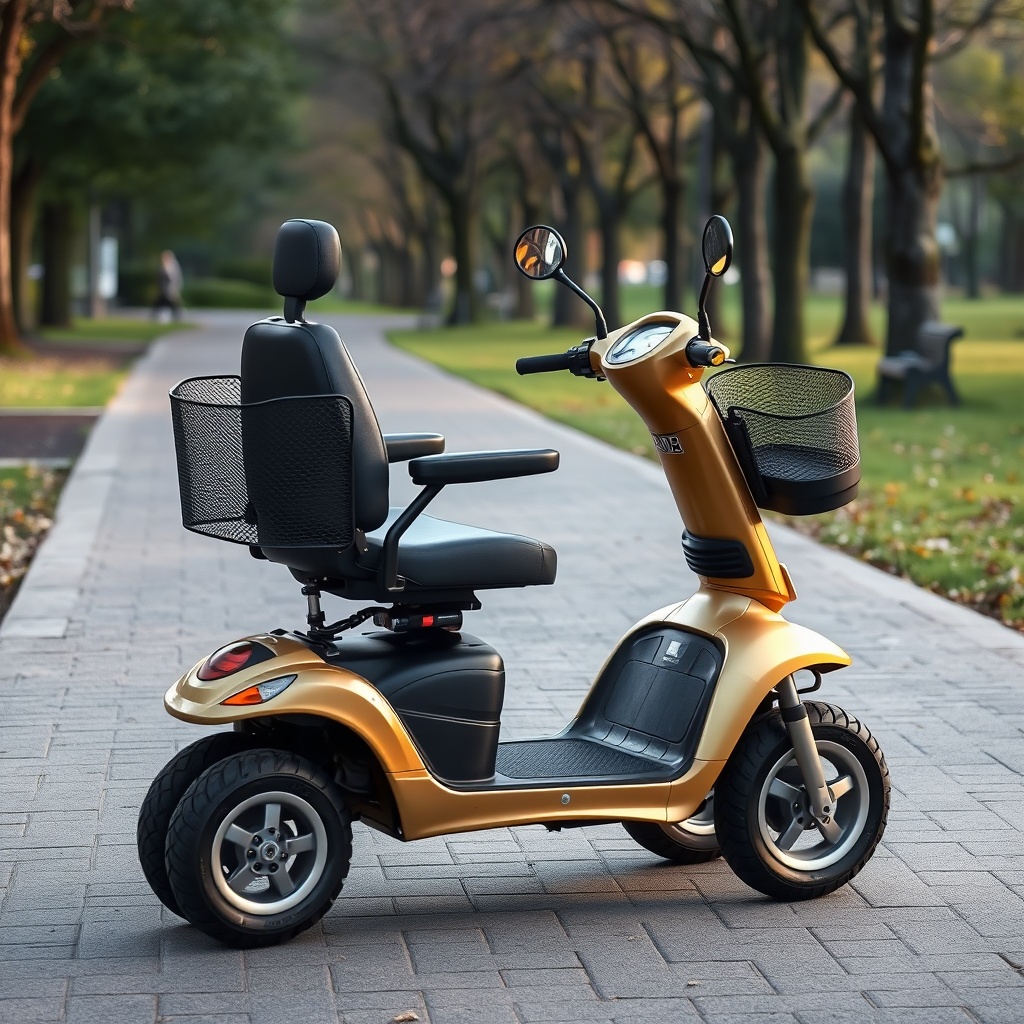 A photorealistic photo of a Golden Buzzaround EX scooter with a visible gel cushion on the