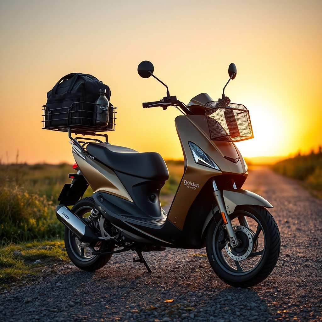 A photorealistic photo of a Golden Buzzaround EX scooter on a gravel path at sunset