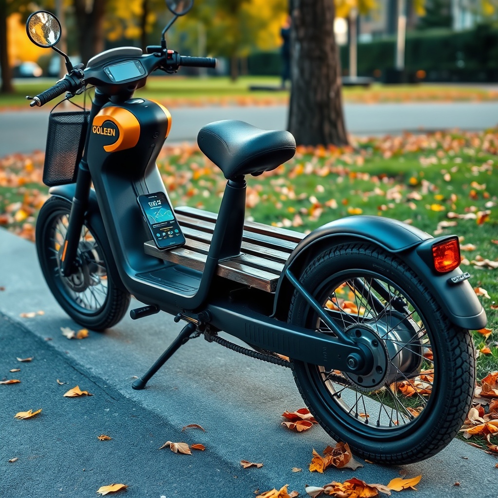 <A photorealistic side-view photo of a Golden Buzzaround EX stopped next to a park bench