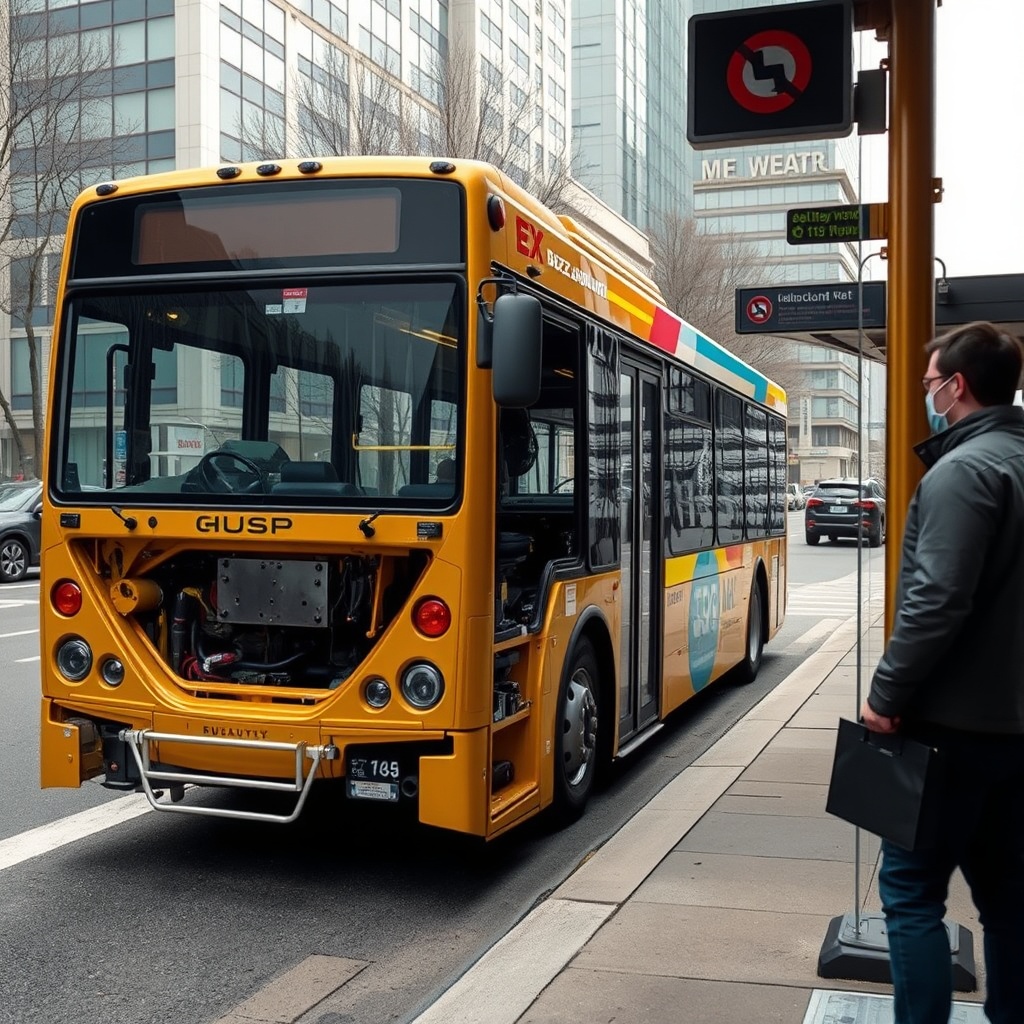 A photorealistic photo of a Golden Buzzaround EX partially disassembled next to a city bus