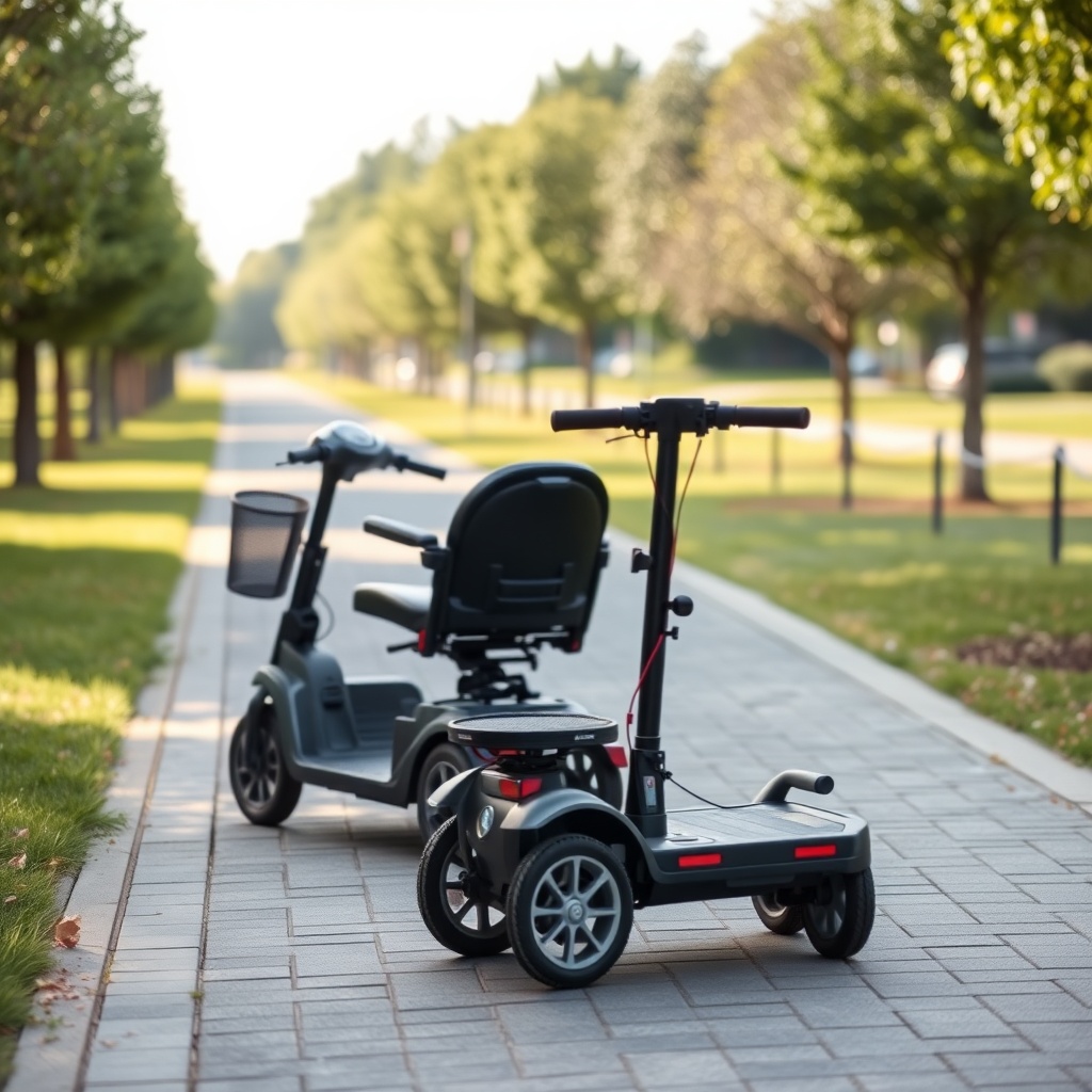 Two mobility scooters side view on a flat paved path