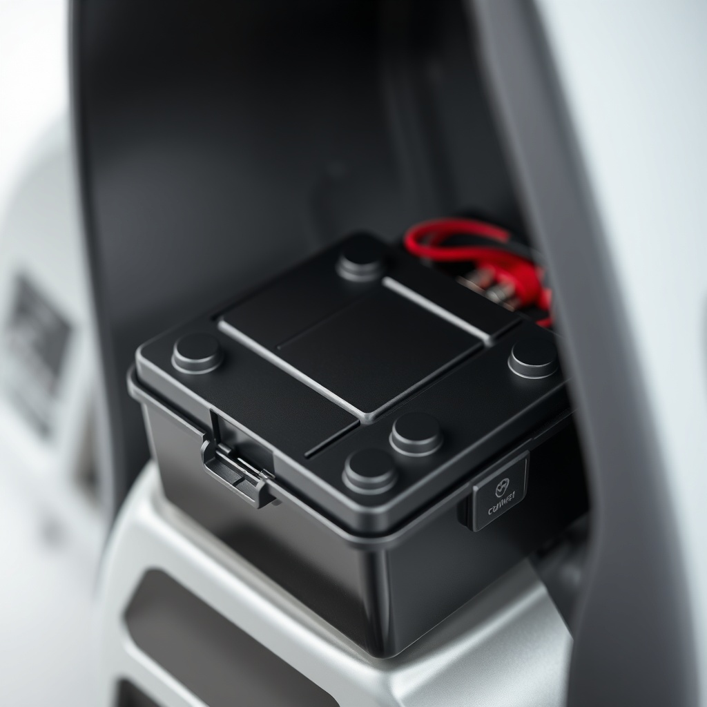 Photorealistic macro shot of a scooter battery tray being pulled out