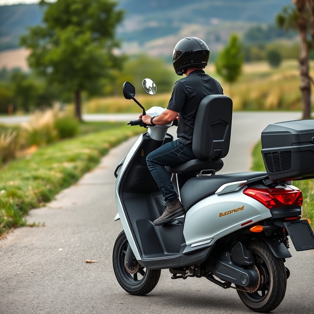 A high-resolution photorealistic photo showing a rider seated on a Golden Buzzaround EX sc