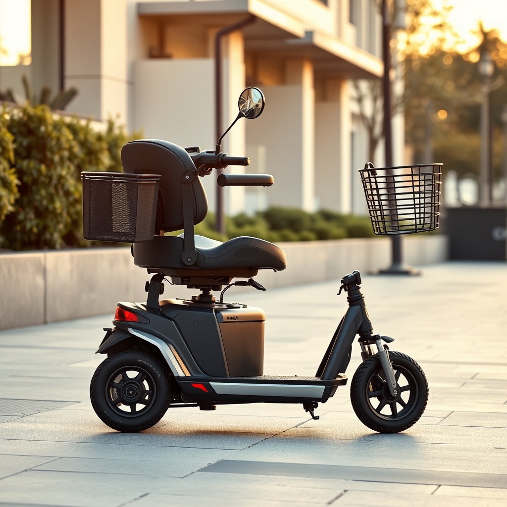 <clean photorealistic photo/illustration of a MobiGuide Global Mobility Scooter with a pre