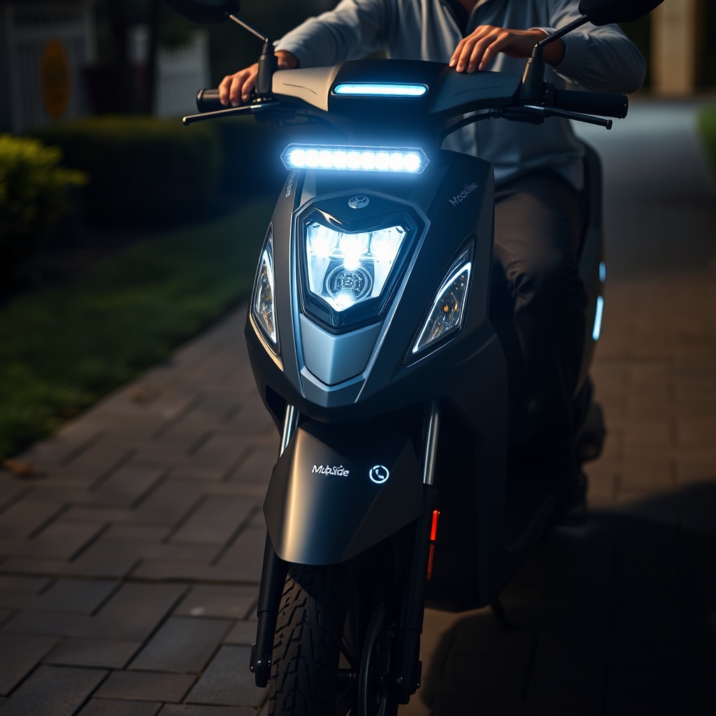 <clean photorealistic photo/illustration of a MobiGuide Global scooter with an LED light b