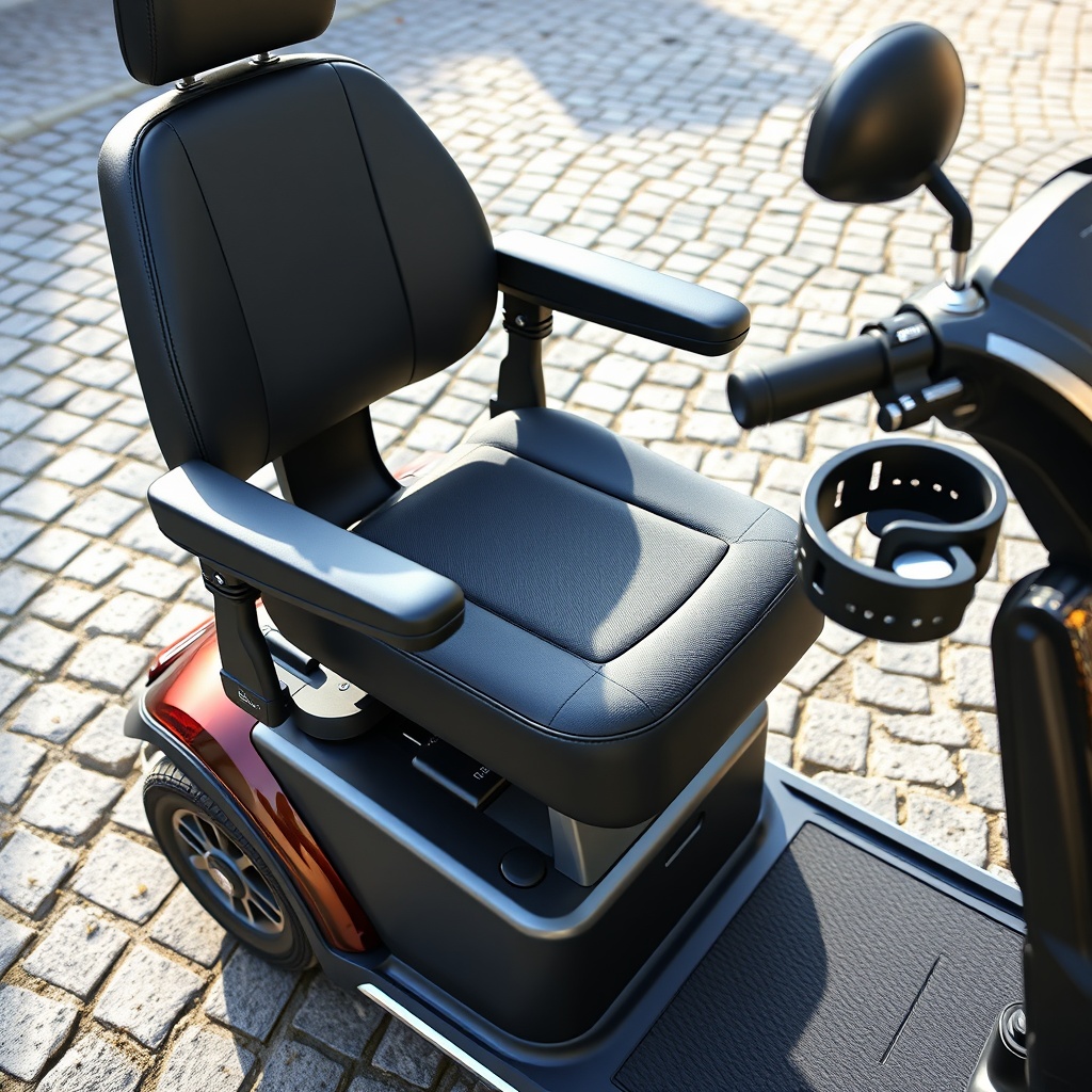 A photorealistic photo of a MobiGuide Global scooter with an aftermarket gel seat cushion