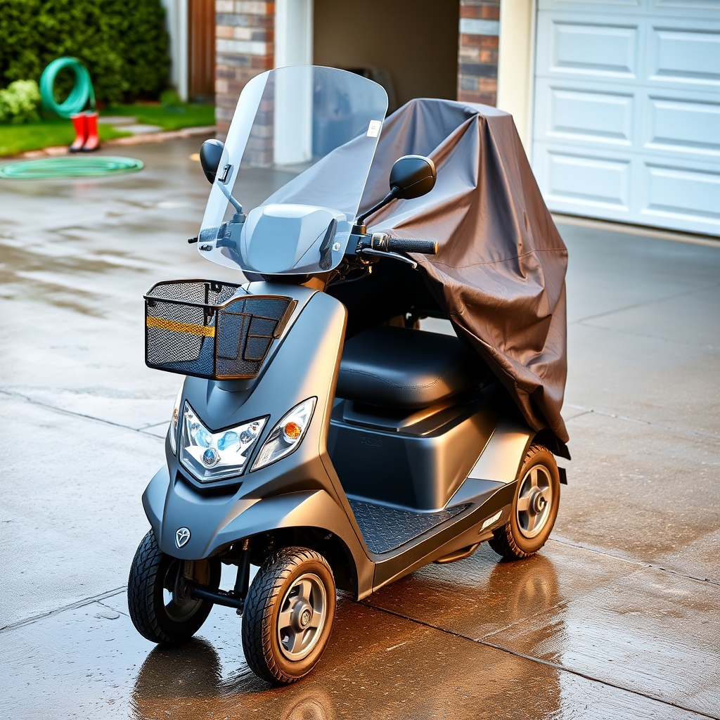 A photorealistic photo of a MobiGuide Global scooter fitted with a clear windshield and a