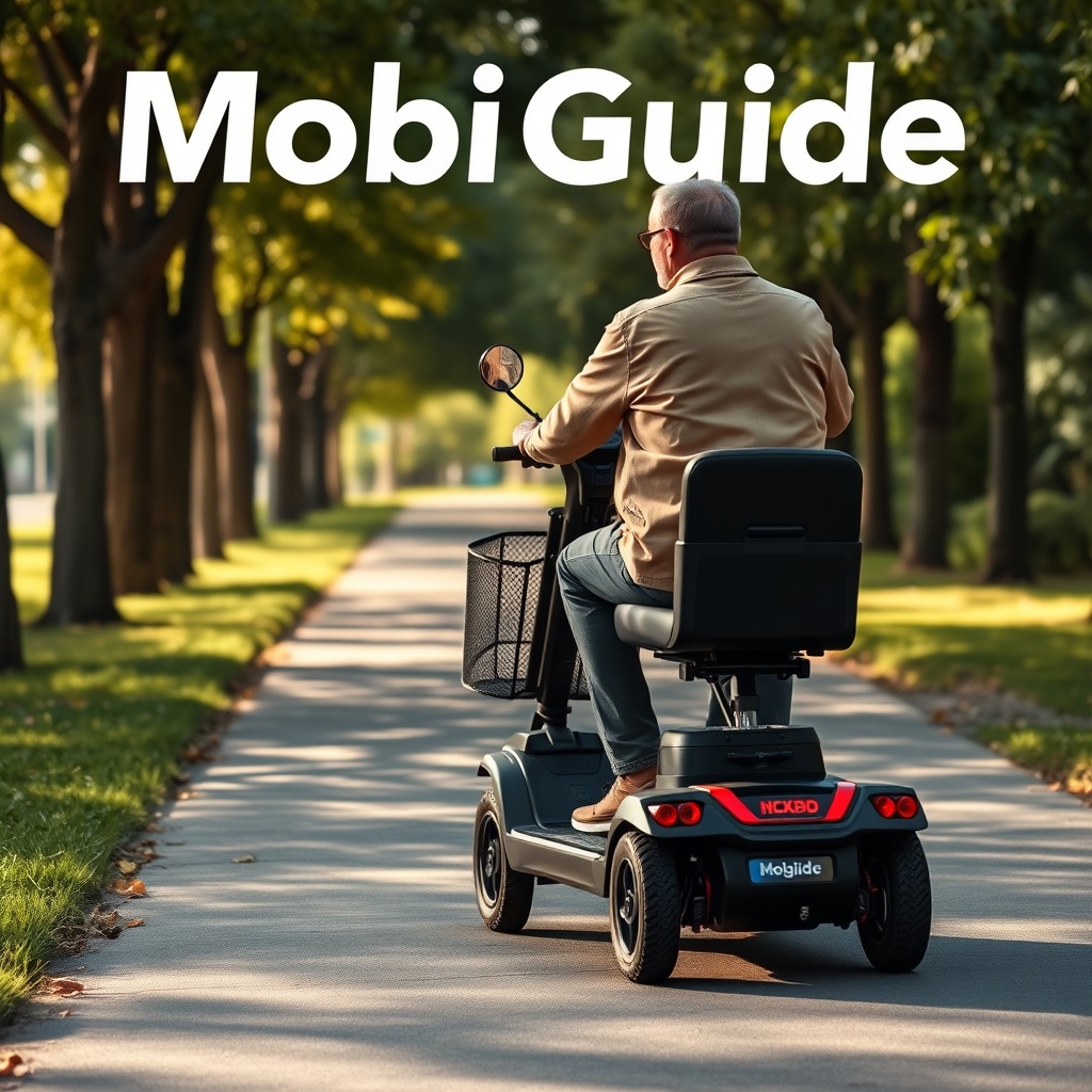 <A clean photorealistic photo of a MobiGuide Global Mobility Scooter being ridden by an ad