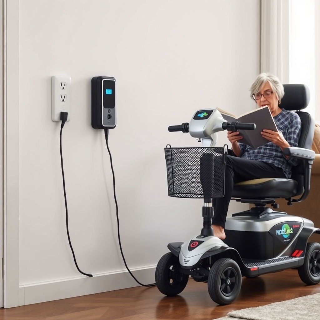 <A clean photorealistic photo of a MobiGuide Global Mobility Scooter charging at a home ou