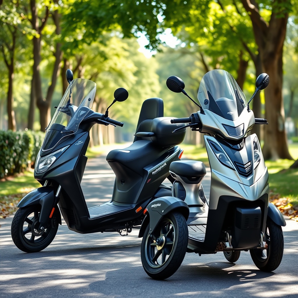 A clean photorealistic 16:9 photo of a black MobiGuide Global scooter parked next to a sil
