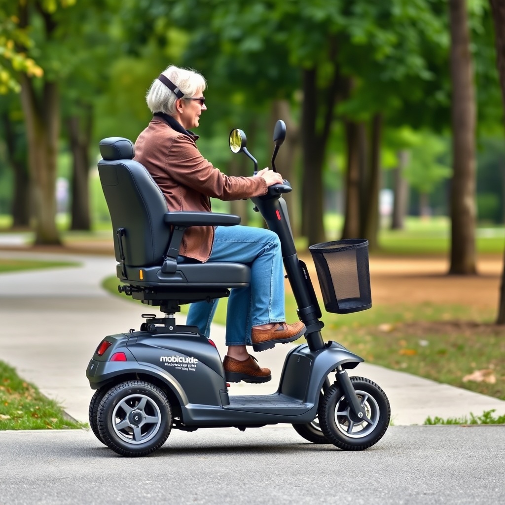 A clean photorealistic photo showing a side profile of a MobiGuide Global Mobility Scooter