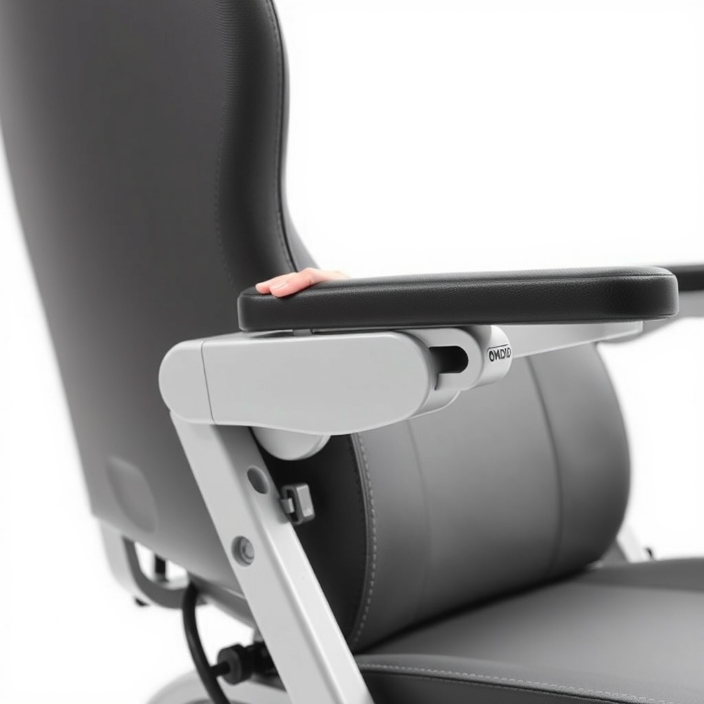 A clean photorealistic photo showing the adjustable armrest and backrest mechanism of the
