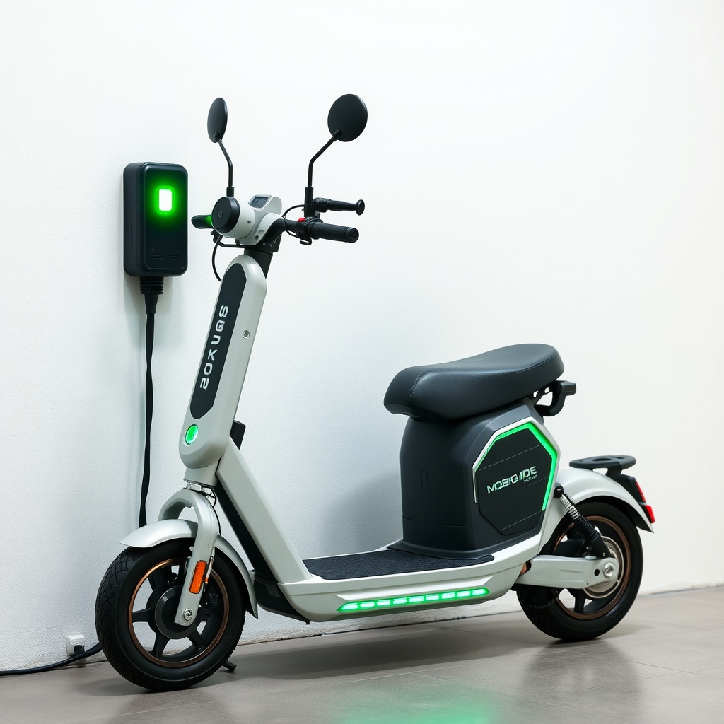 <A clean photorealistic photo of a MobiGuide Global scooter parked next to a wall charger