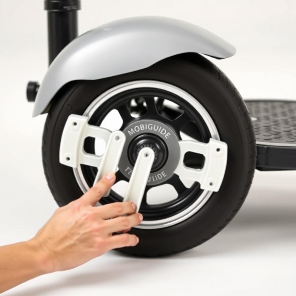 <A photorealistic close-up of a person's hands using two plastic tire levers to remove a M