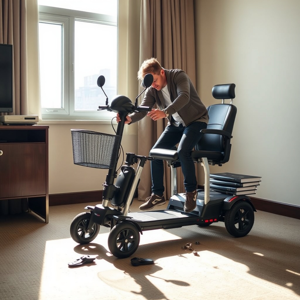 <clean photorealistic photo of a traveler smoothly disassembling the MobiGuide Global scoo