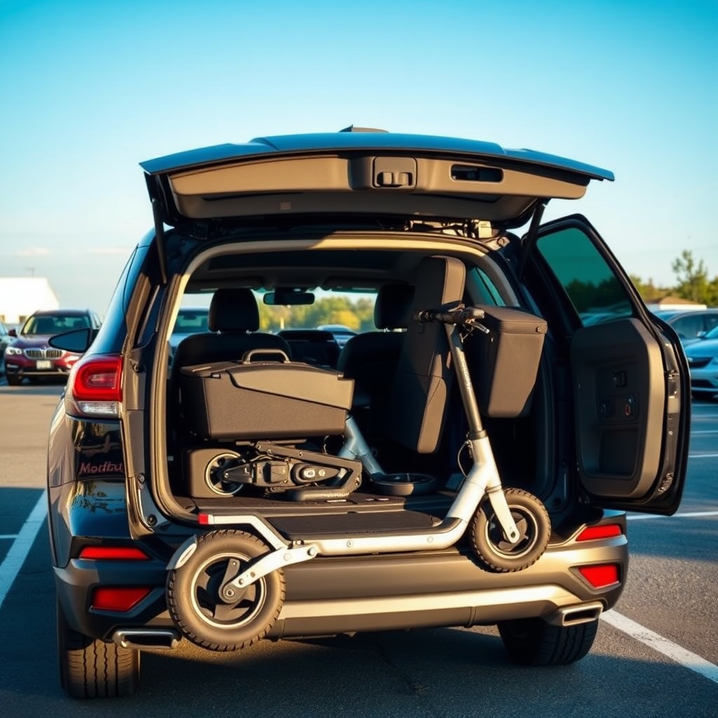 <clean photorealistic photo of a person loading a disassembled MobiGuide Global scooter pi