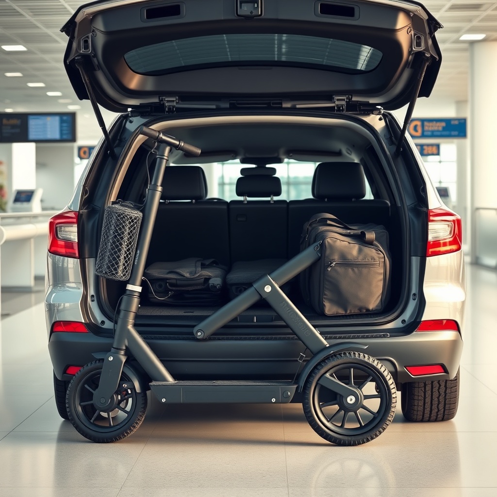 <clean photorealistic photo of a MobiGuide Global scooter folded beside a car trunk