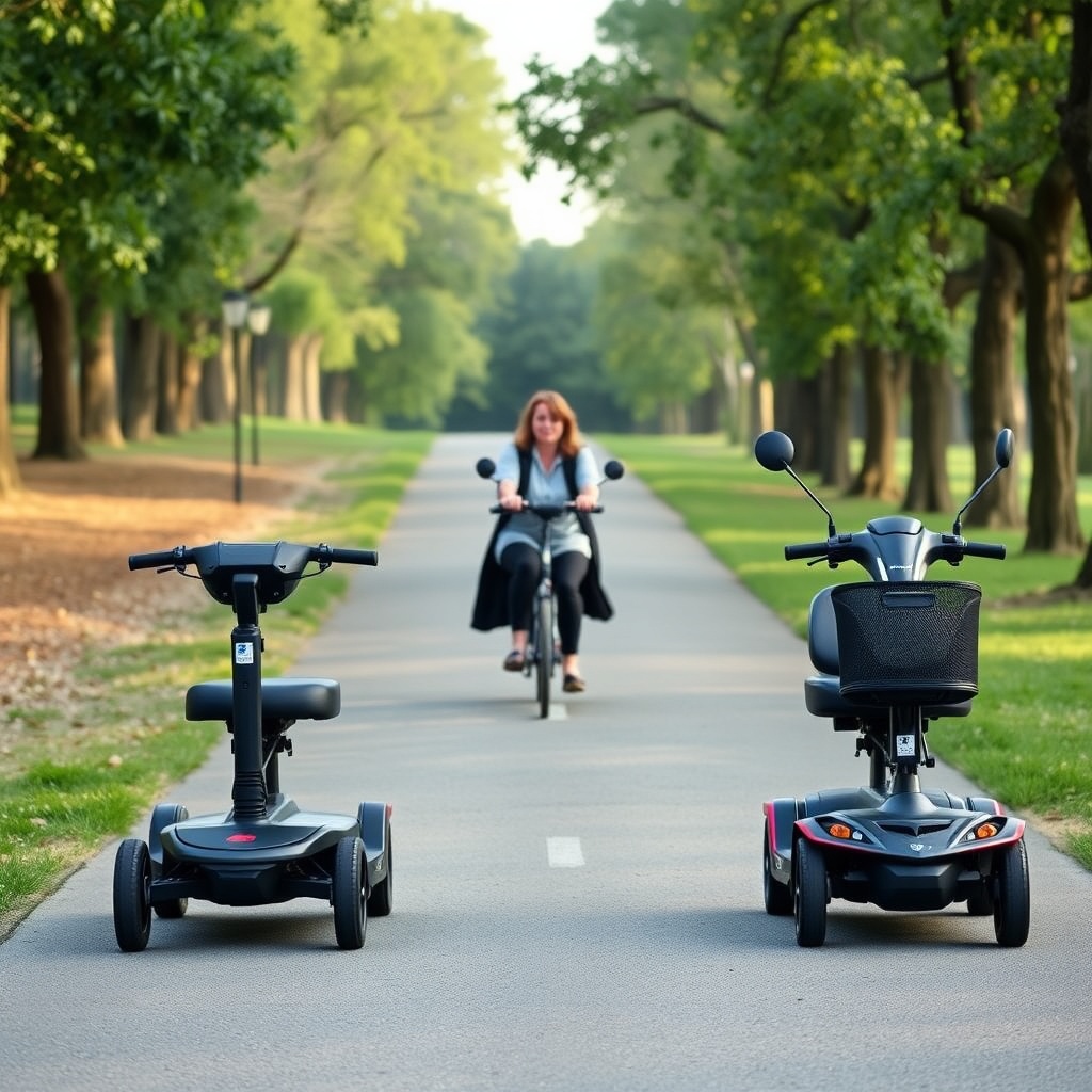 A photorealistic side-by-side shot of a MobiGuide Global (left) and Golden Buzzaround EX (