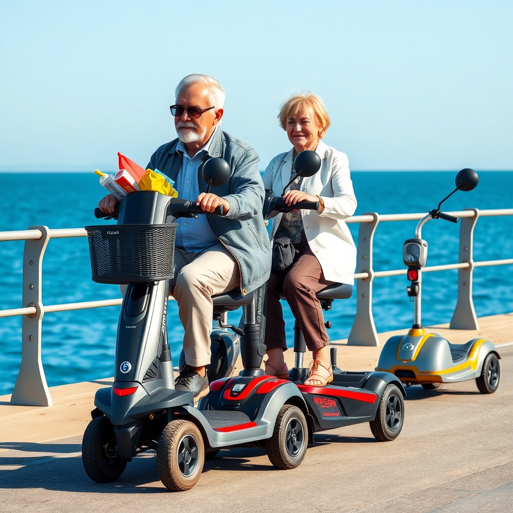 A photorealistic photo of two seniors riding mobility scooters on a seaside promenade