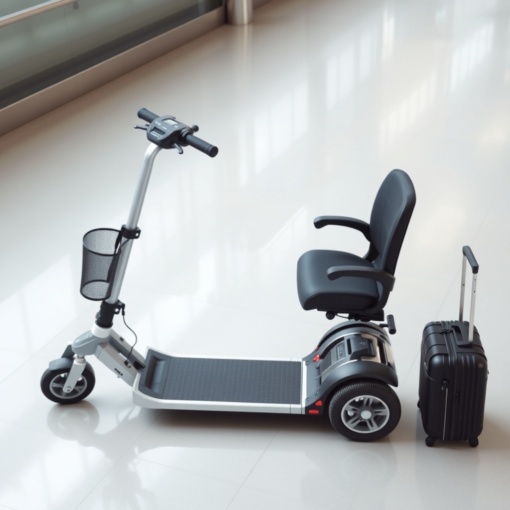 A clean photorealistic photo of a MobiGuide Global scooter partially disassembled