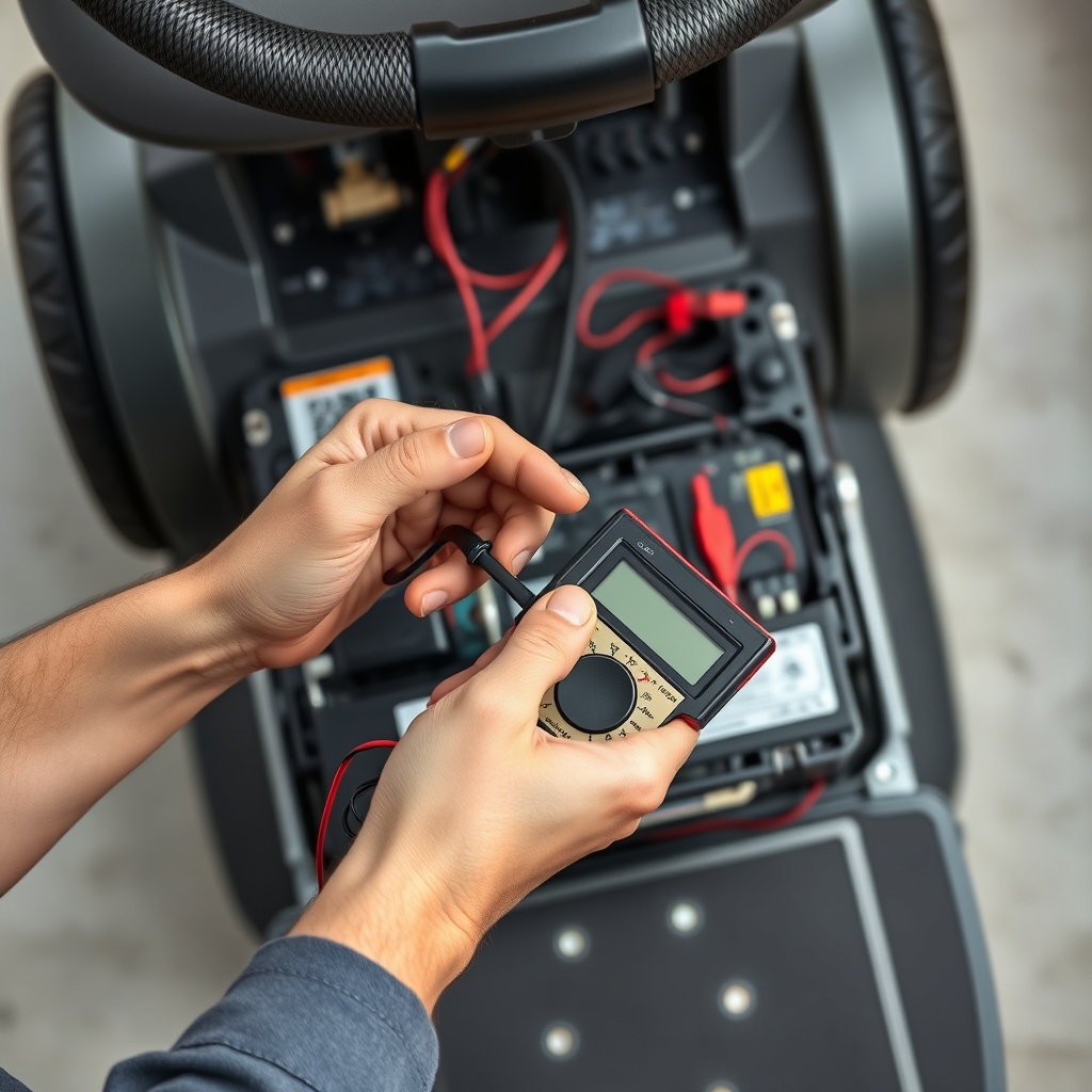 A clean photorealistic overhead shot of a mechanic’s hands holding a multimeter probe test
