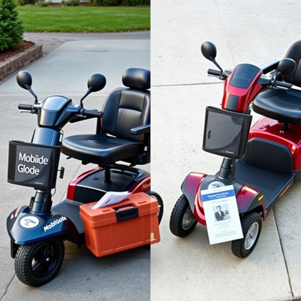A clean photorealistic side-by-side image of two mobility scooters parked on a driveway—a