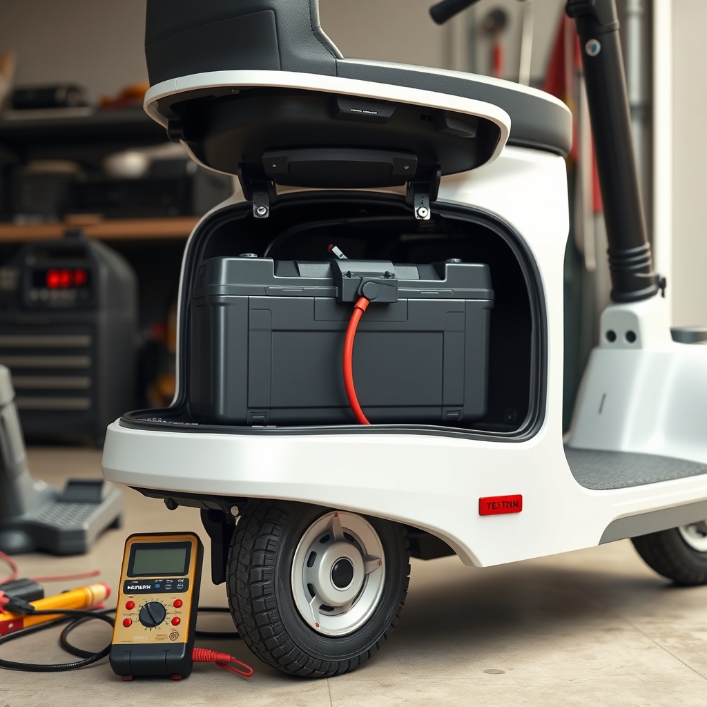 <A clean photorealistic photo of a MobiGuide Global scooter with its battery compartment o