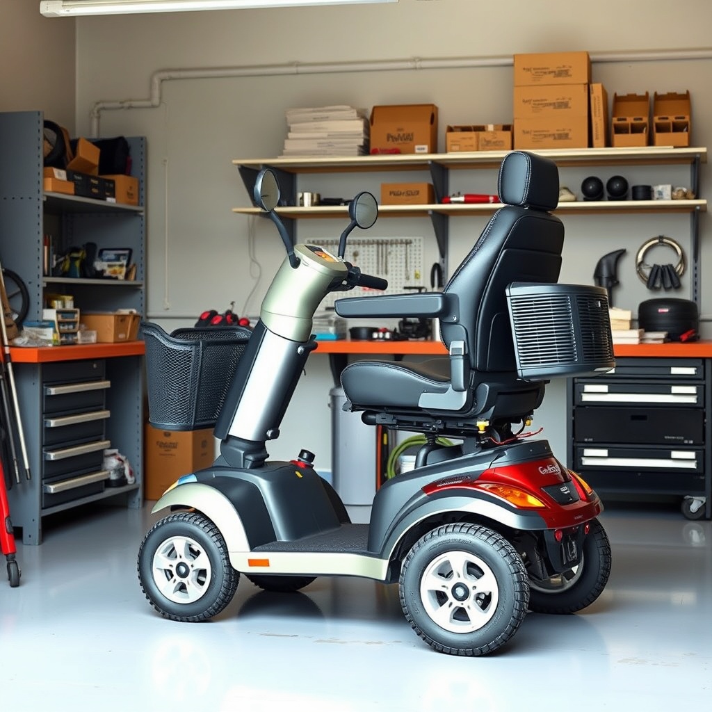 <A photorealistic photo of a mobility scooter repair shop with a Pride Go-Go Elite Travell