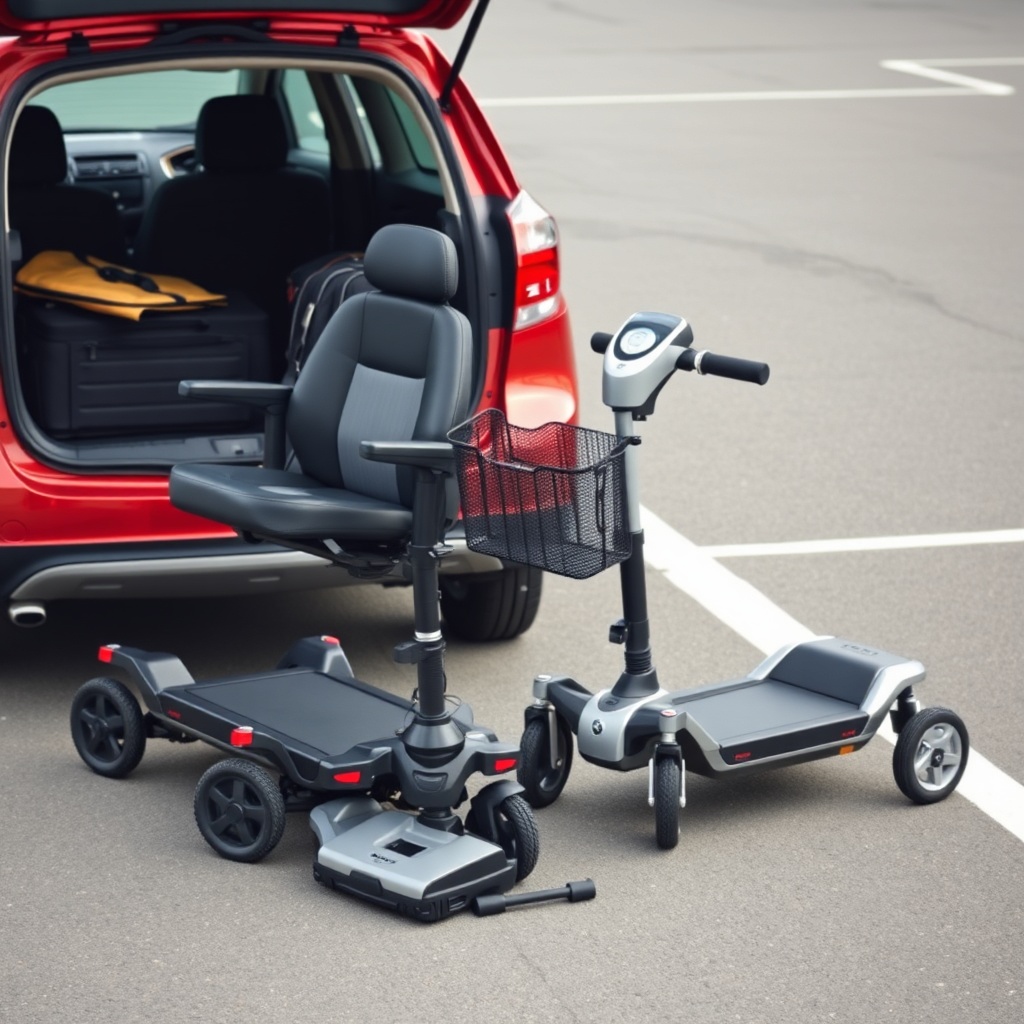 A photorealistic photo of two mobility scooters