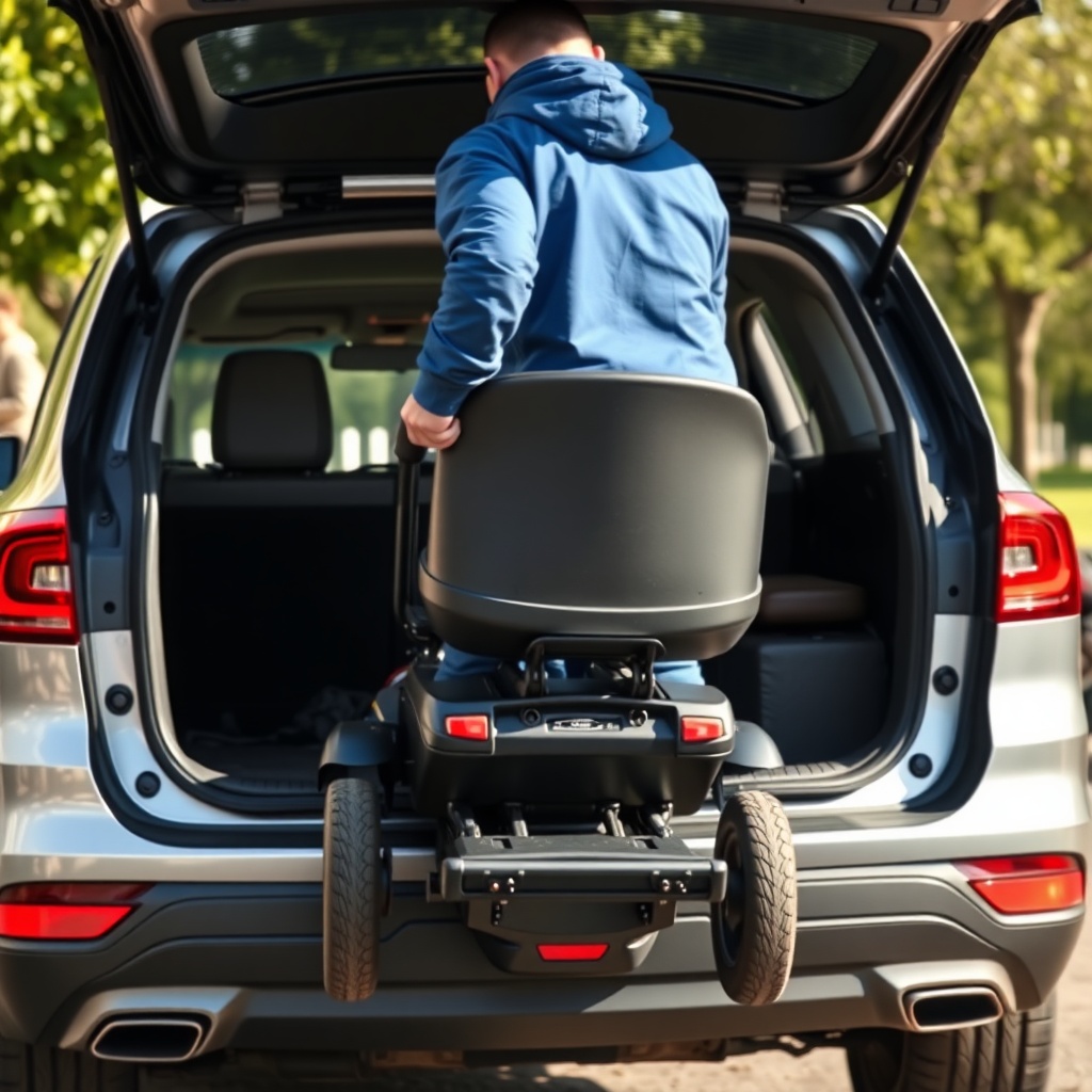 A photorealistic photo showing a person in a blue jacket lifting the rear section of a bla