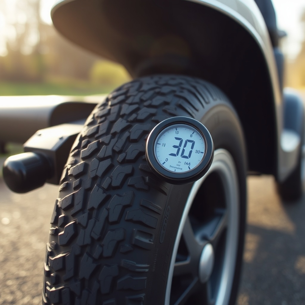 Close-up of a Pride Go-Go Elite Traveller Plus front tire with a digital pressure gauge in