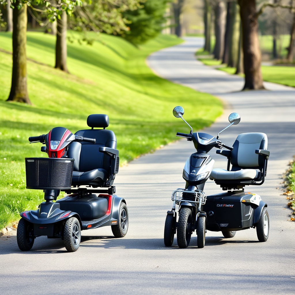 A clean photorealistic photo showing a Pride Go-Go Elite Traveller Plus and a Drive Scout