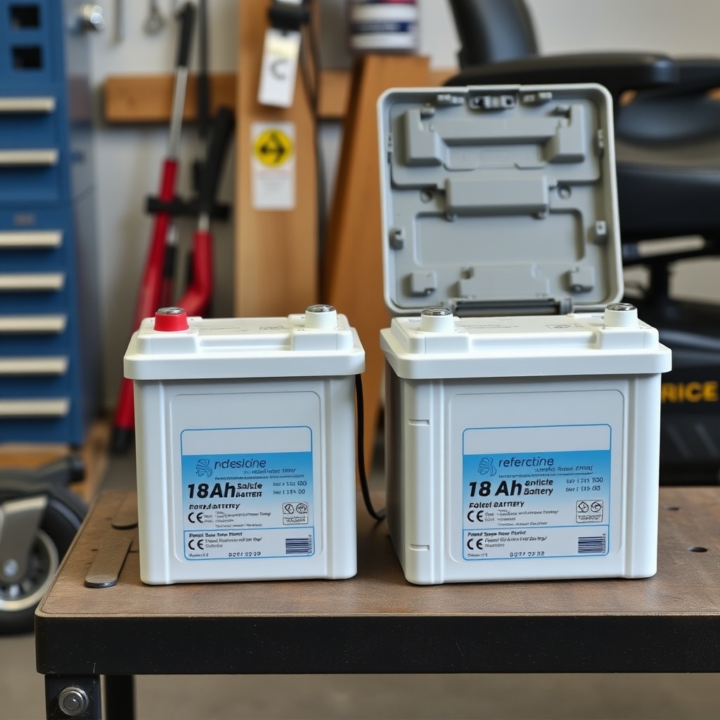 A clean photorealistic photo showing two replacement 18Ah SLA batteries on a workbench nex