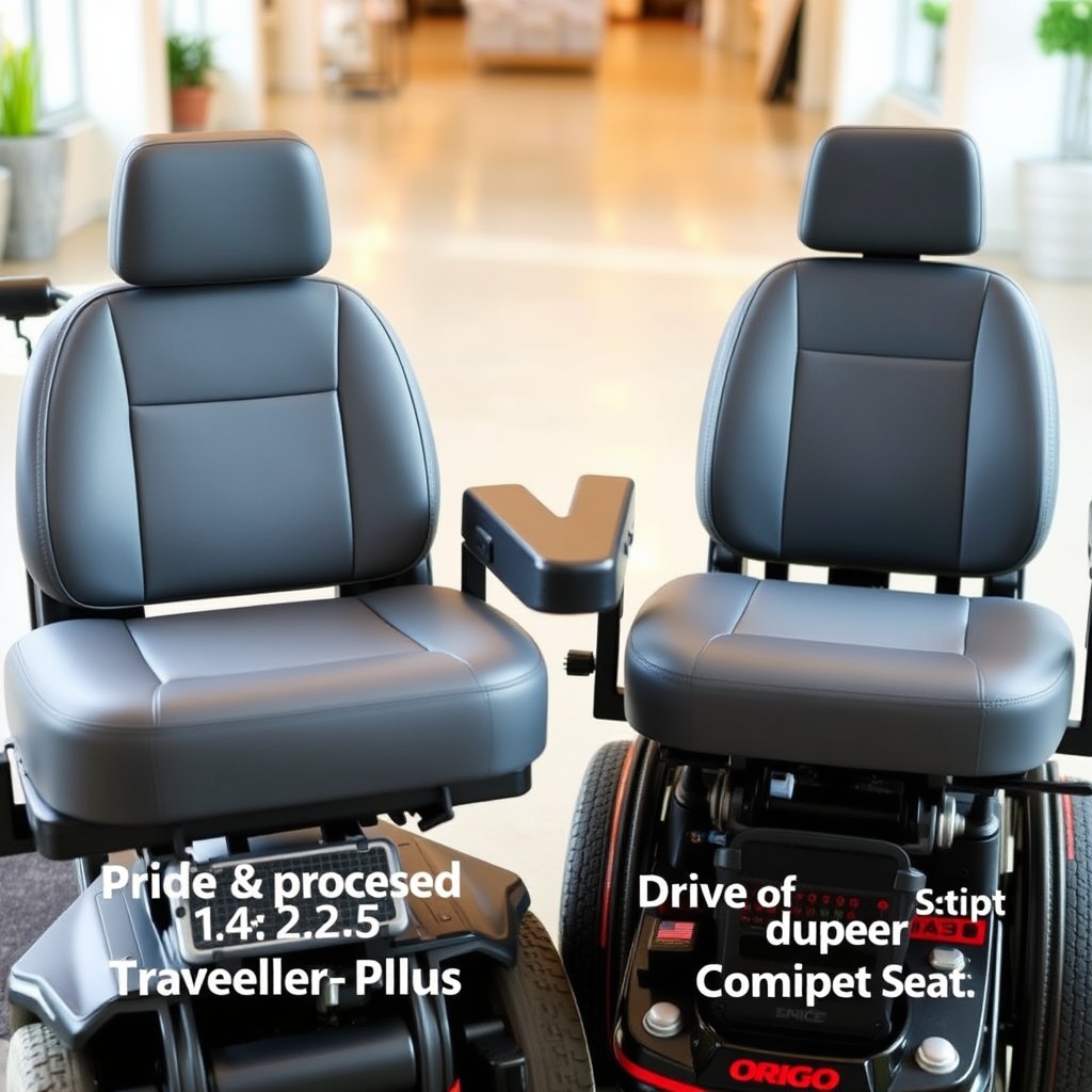 Close-up side-by-side comparison of the Pride Go-Go Elite Traveller Plus seat (thick