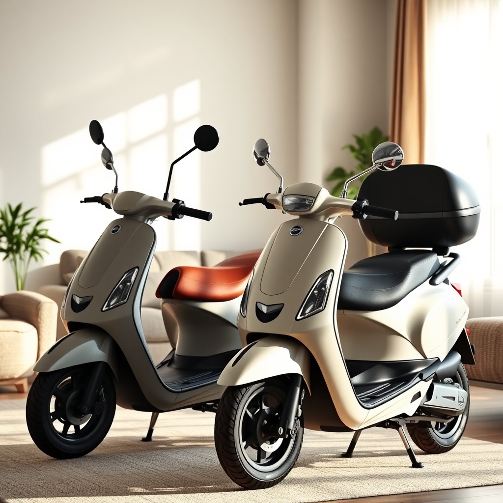 A clean photorealistic photo showing both scooters parked side-by-side in a sunlit living