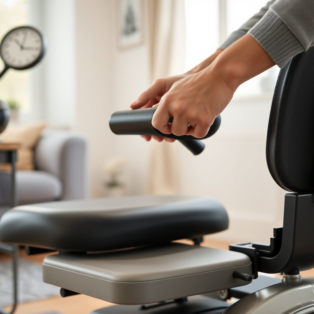 A photorealistic close-up photo showing a pair of hands adjusting a backrest lever on a mo