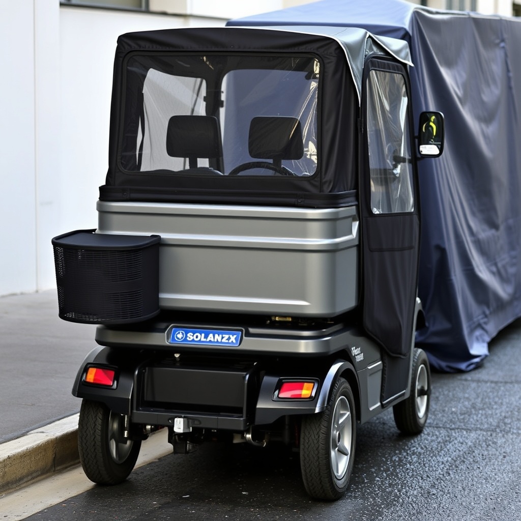 A clean photorealistic photo of a Solax Mobility Traveller equipped with a windshield and