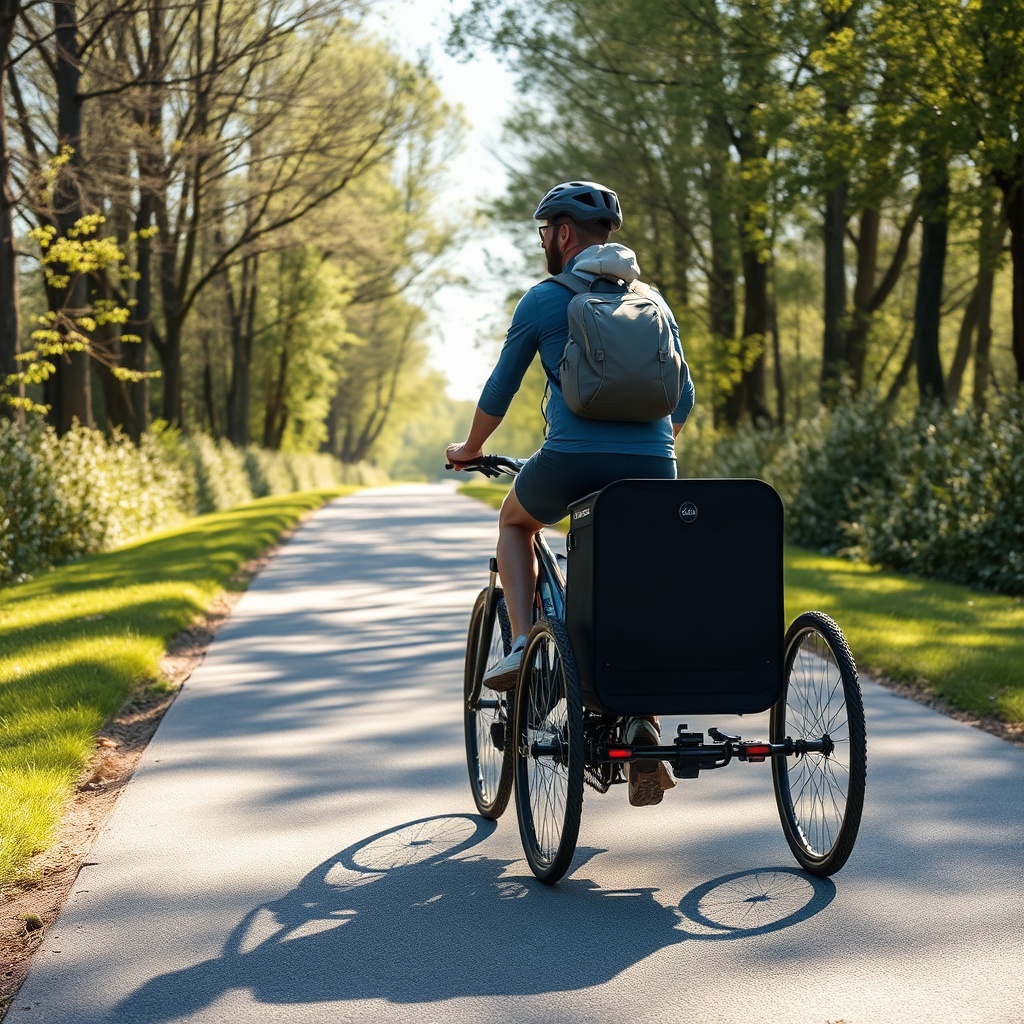 <clean photorealistic photo of a Solax Mobility Traveller on a paved cycling path with a r