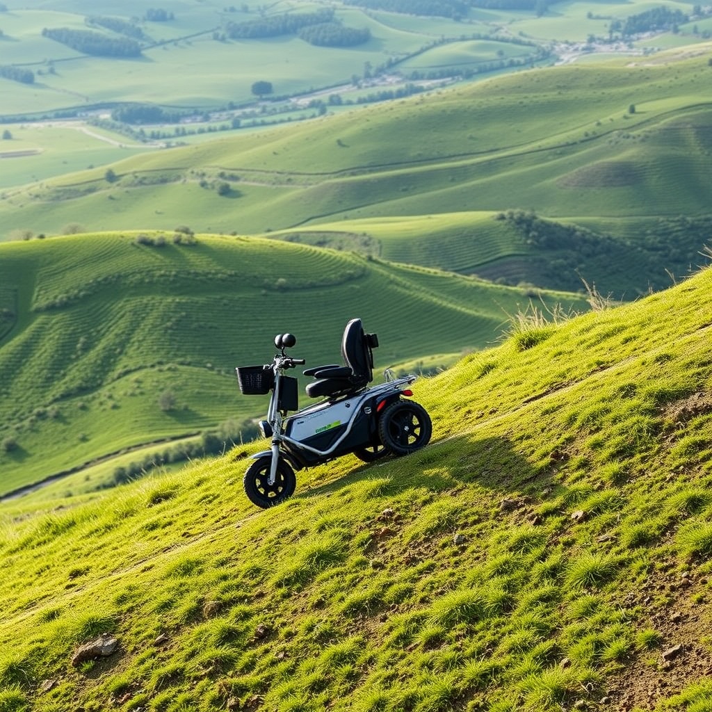 <clean photorealistic photo of a Solax Mobility Traveller climbing a moderate hill with a