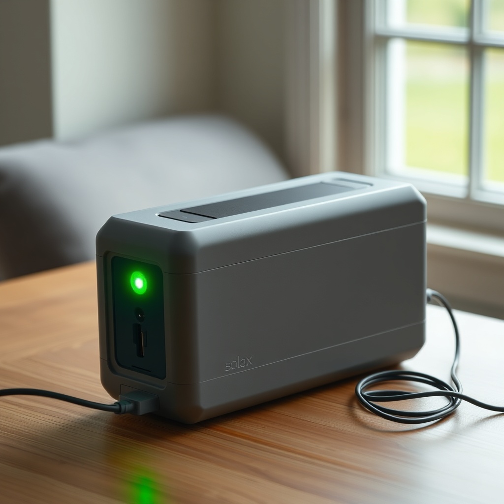 <clean photorealistic photo of a Solax Mobility Traveller battery pack connected to charge