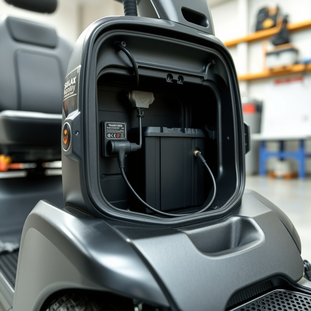 Photorealistic close-up of a Solax Mobility Traveller’s battery compartment with charger p