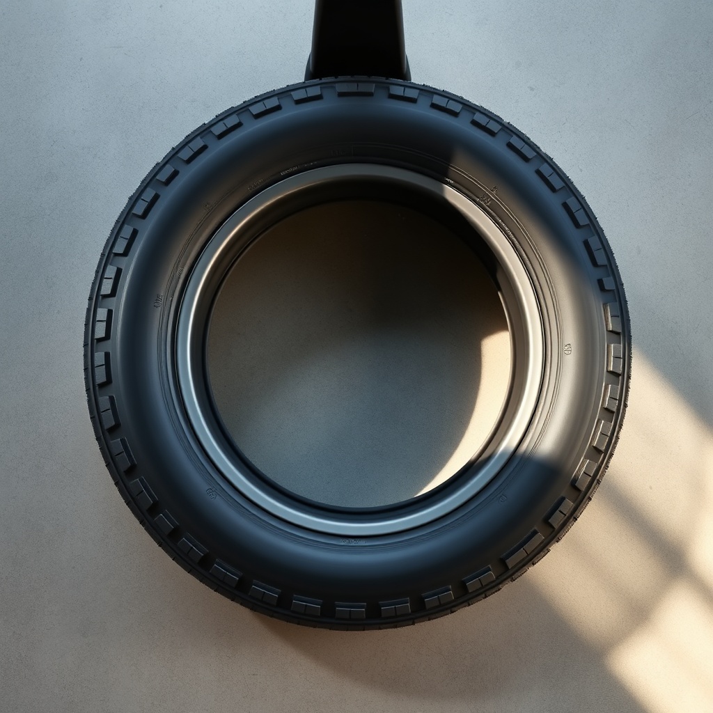 Photorealistic top-down view of a Solax Mobility Traveller’s solid tire with tread detail