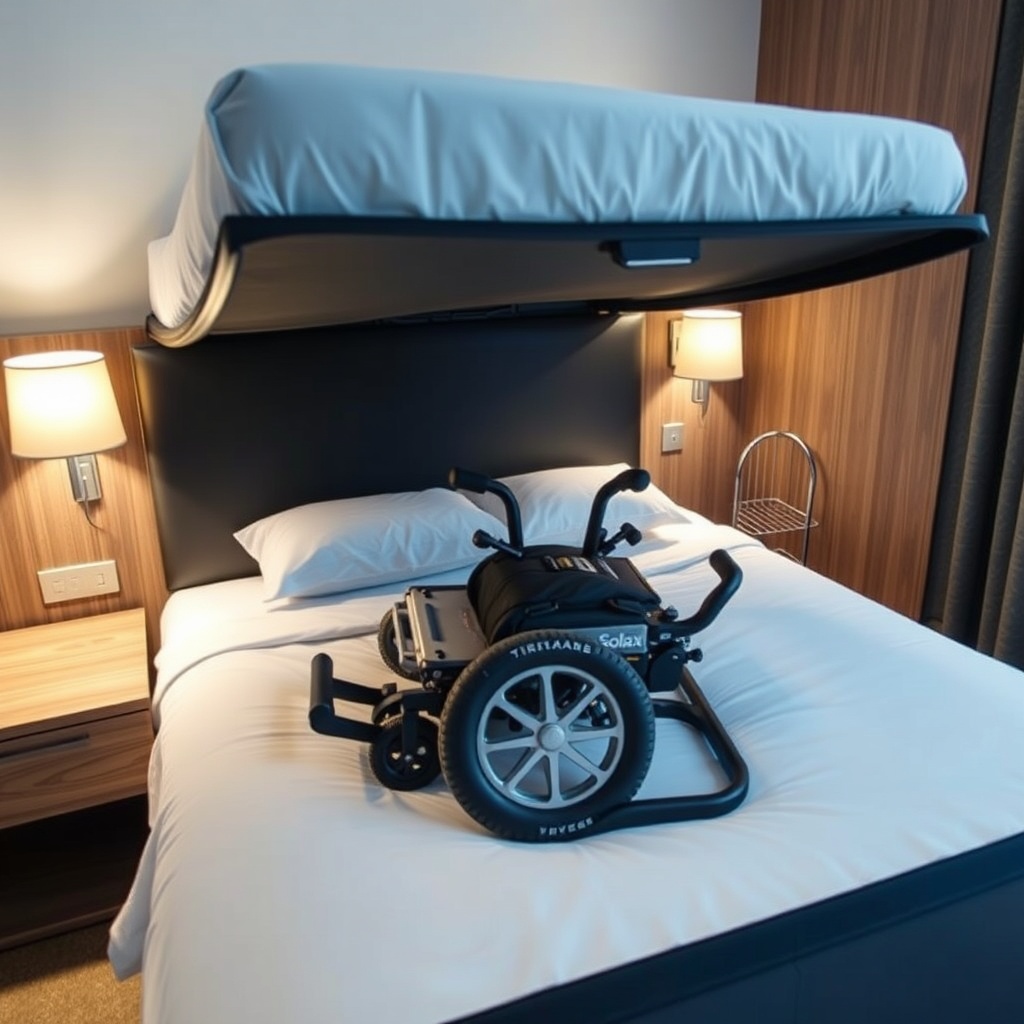 A photorealistic photo of a Solax Mobility Traveller folded and stored underneath a standa